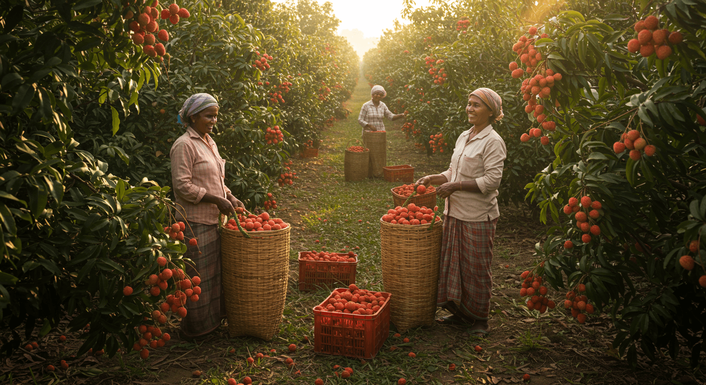인도에서의 리치 수확 (AI 생성 이미지).