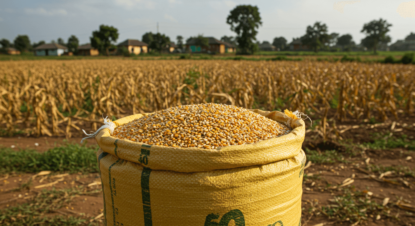 टोगो में 50 किलोग्राम के बैग में मकई के दाने (कृत्रिम बुद्धिमत्ता द्वारा उत्पन्न छवि)