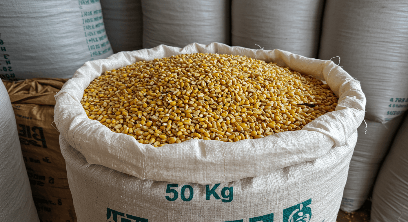 حبوب الذرة في كيس سعة 50 كجم في توغو (صورة مُولَّدة بواسطة الذكاء الاصطناعي)