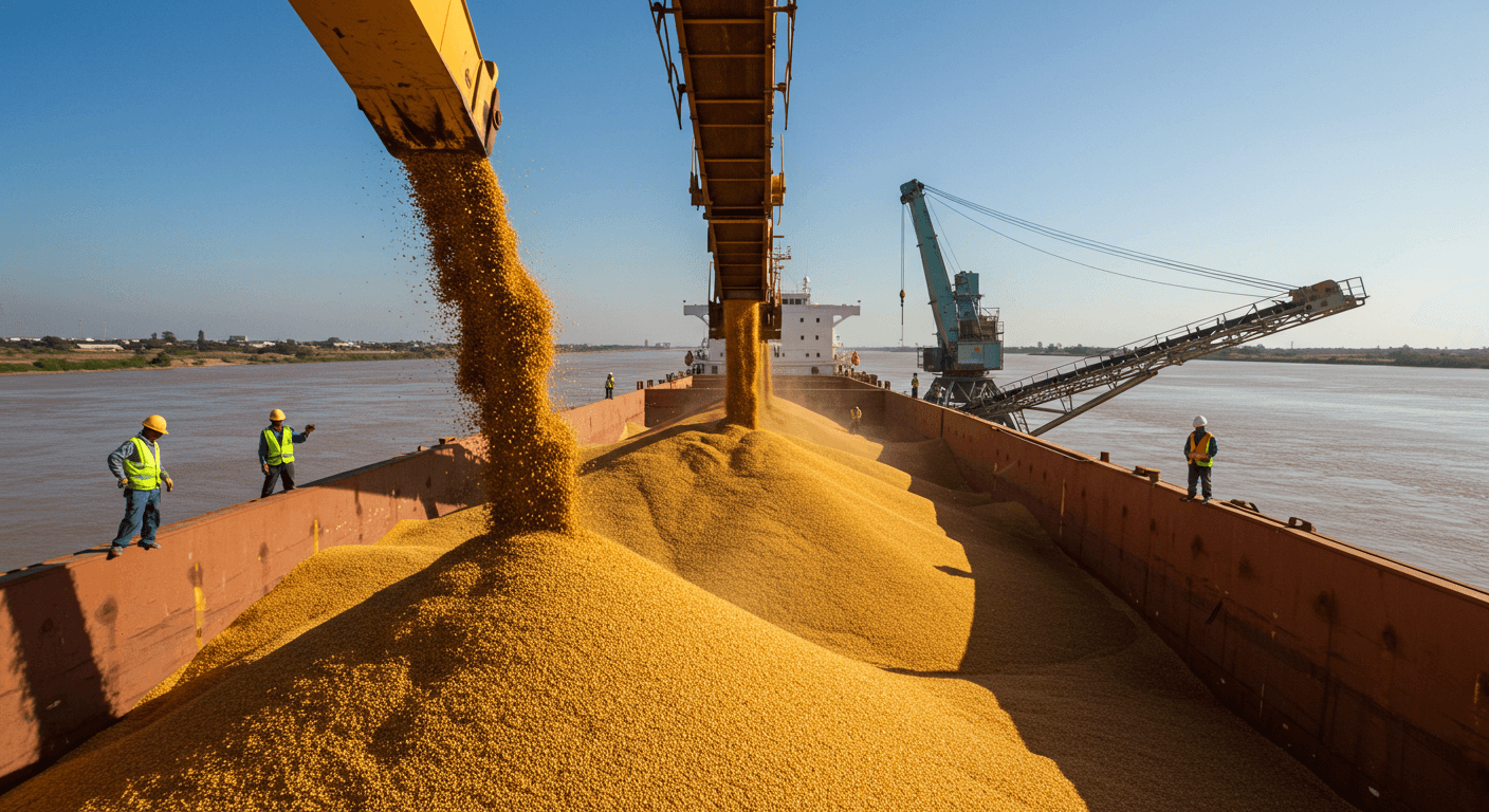 Bulk loading of maize grain into a bulk vessel in Argentina (AI-generated image)
