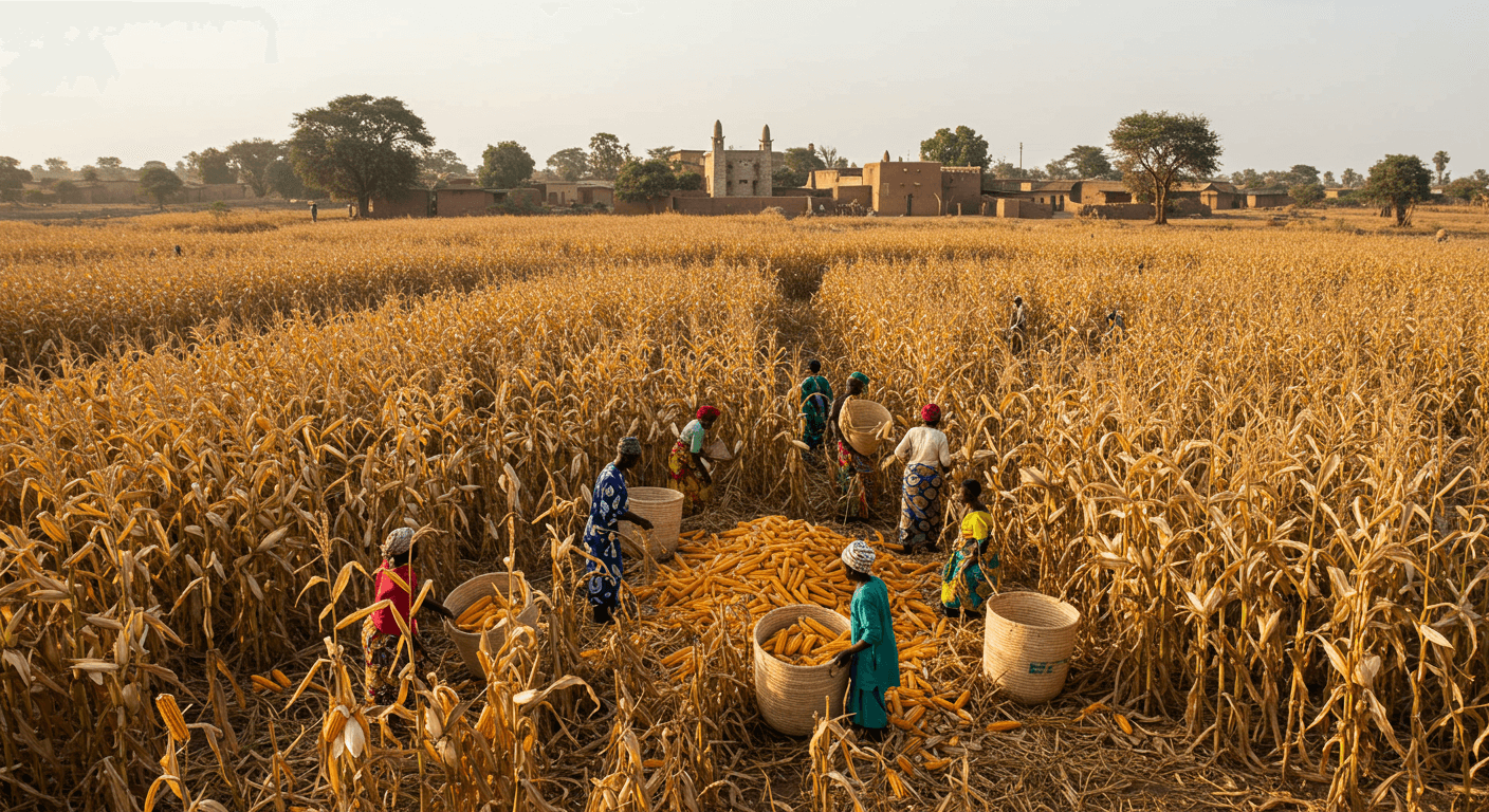 حصاد الذرة في مالي (صورة مُولَّدة بواسطة الذكاء الاصطناعي)