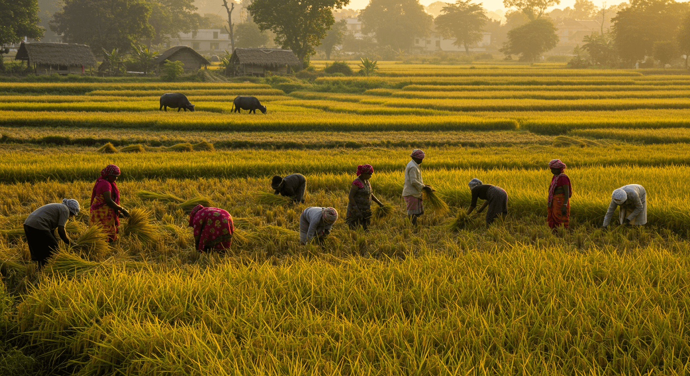 Colheita de arroz na Índia (imagem gerada por IA).