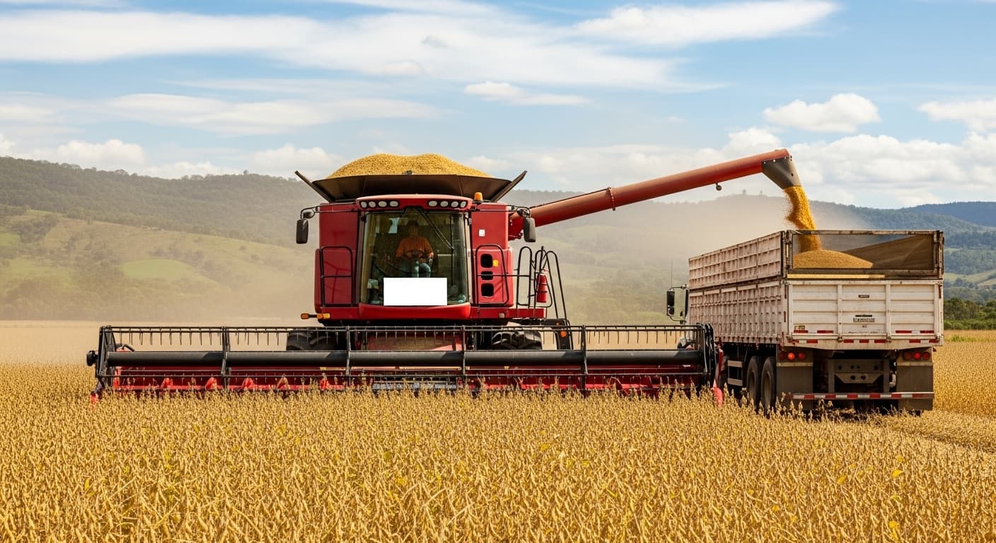 A combine soybean harvester is dropping soybean grains into a truck in Colombia (AI-generated image).