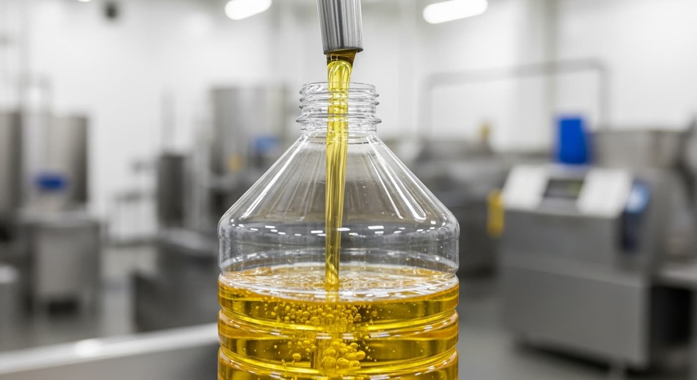 Soybean oil being filled into a 5 L bottle (AI-generated image).