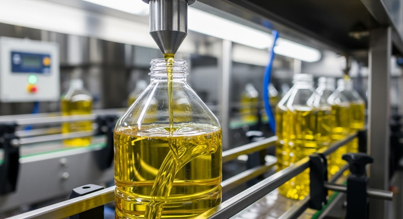 Huile de soja en train d'être remplie dans une bouteille de 5 L (image générée par IA).