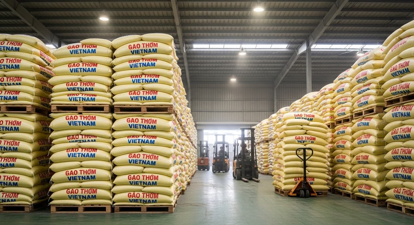 Bags of rice are stored in a warehouse in Vietnam. (AI-generated image.)