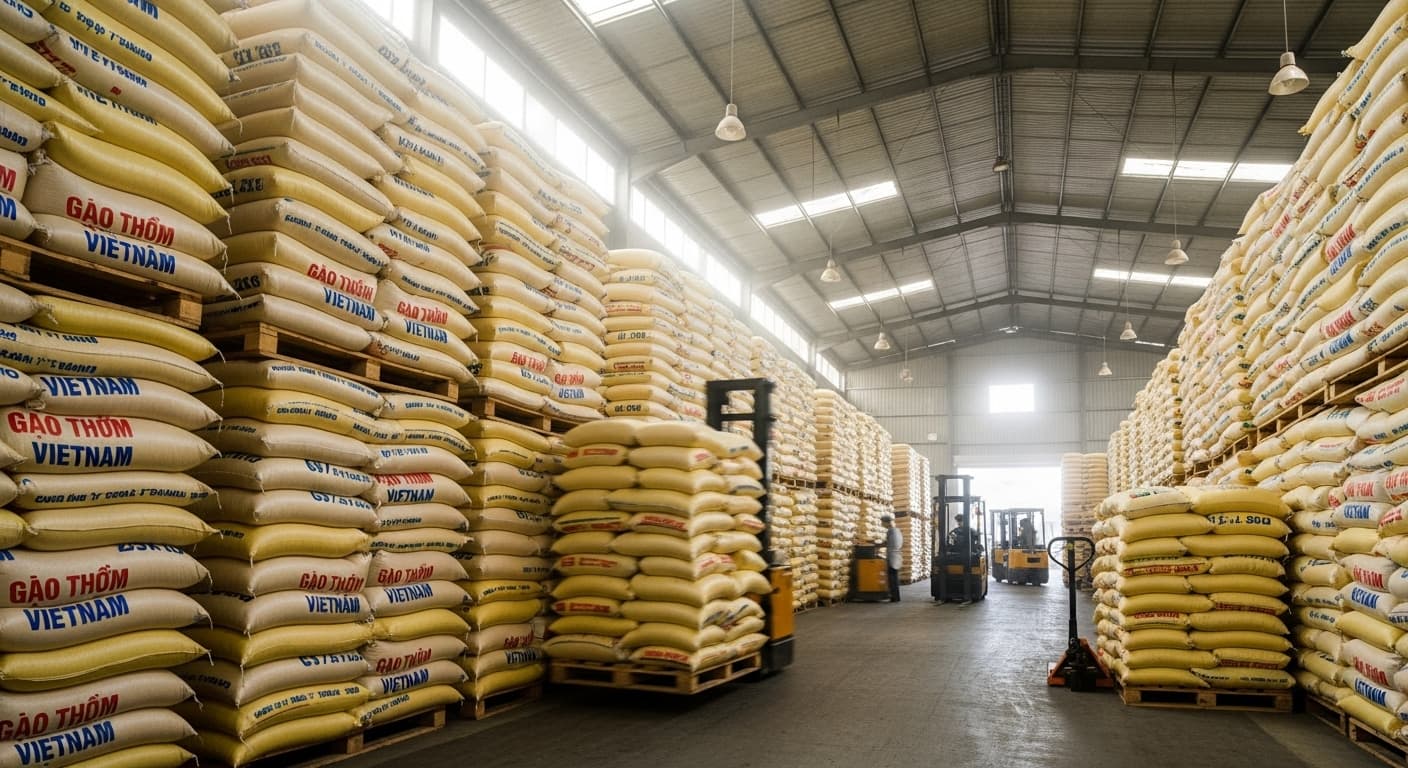 Sacos de arroz estão armazenados em um armazém no Vietnã. (Imagem gerada por IA.)