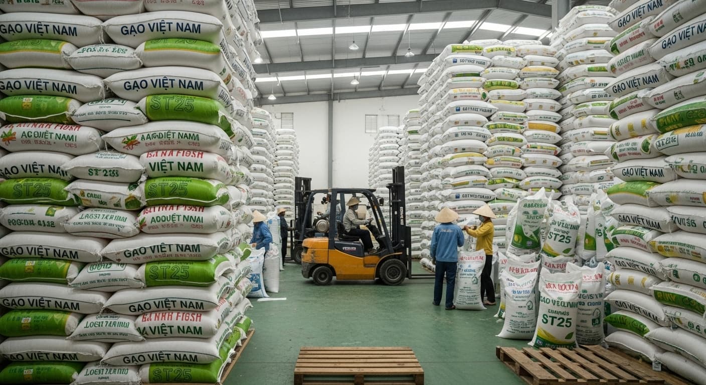 I sacchi di riso sono conservati in un magazzino in Vietnam. (Immagine generata dall'IA.)
