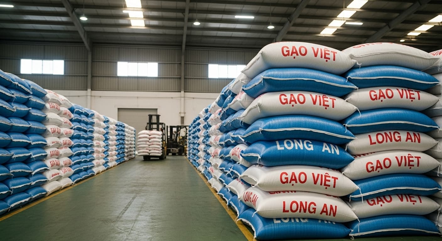 Sacos de arroz están almacenados en un almacén en Vietnam. (Imagen generada por IA.)