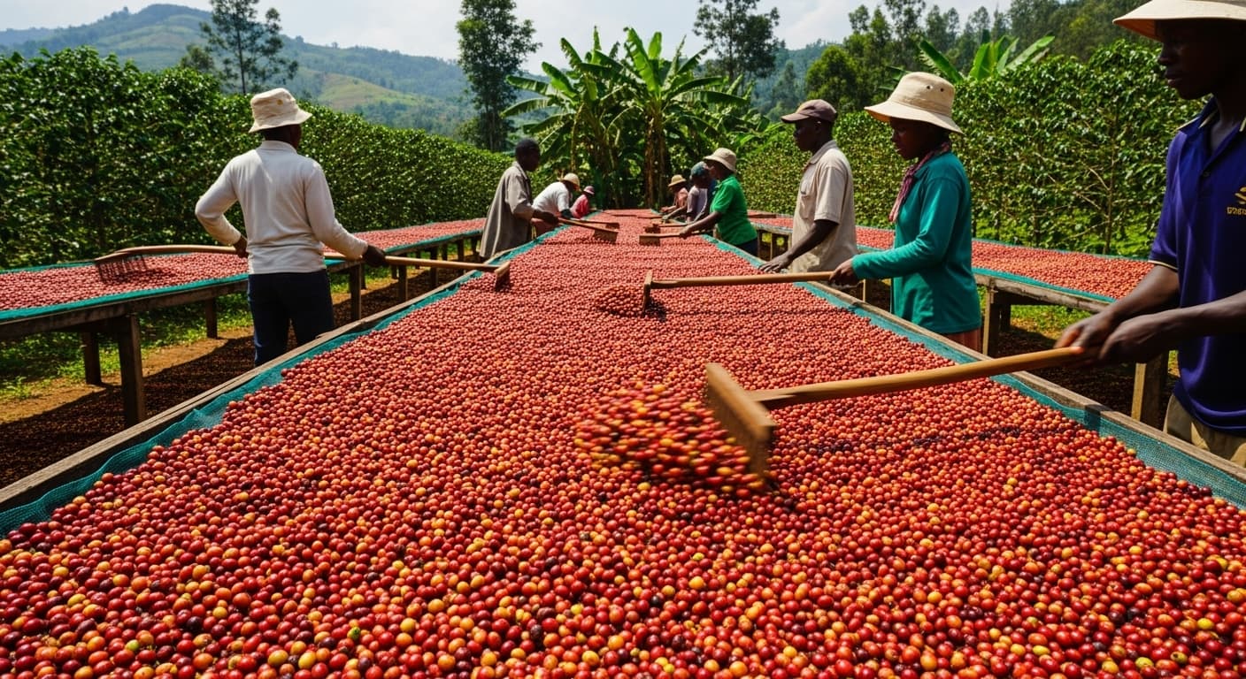 Area esterna di essiccazione del caffè con ciliegie e chicchi di caffè in Uganda (immagine generata dall'IA)
