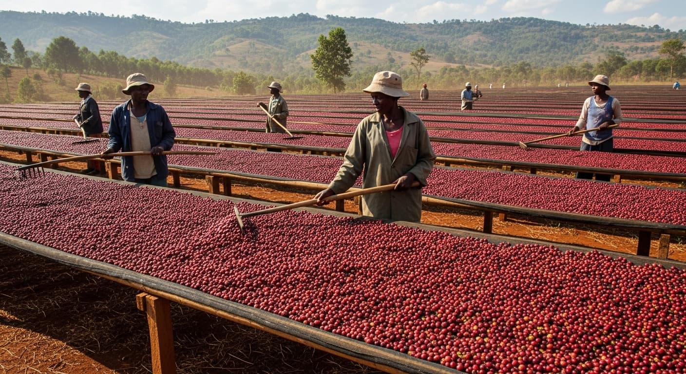 Área exterior de secado de café con cerezas y granos de café en Uganda (imagen generada por IA)