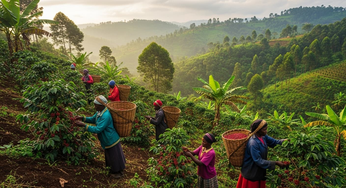 Farmers harvesting coffee in Uganda (AI-generated image)