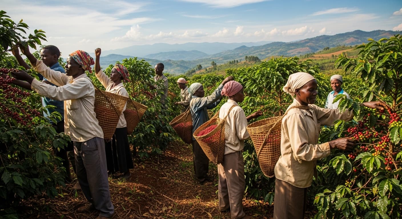 Agricultores cosechando café en Uganda (imagen generada por IA)