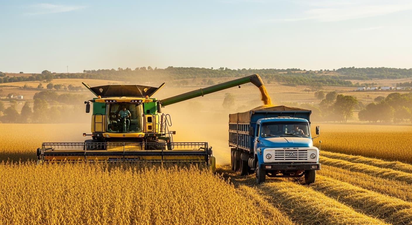 Nijerya'da bir biçerdöver, soya tanelerini bir kamyona yüklüyor (Yapay zekâ tarafından oluşturulmuş görsel)