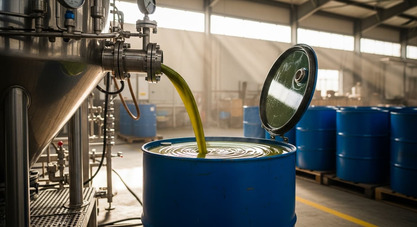 Crude avocado oil being filled into a drum (AI-generated image).
