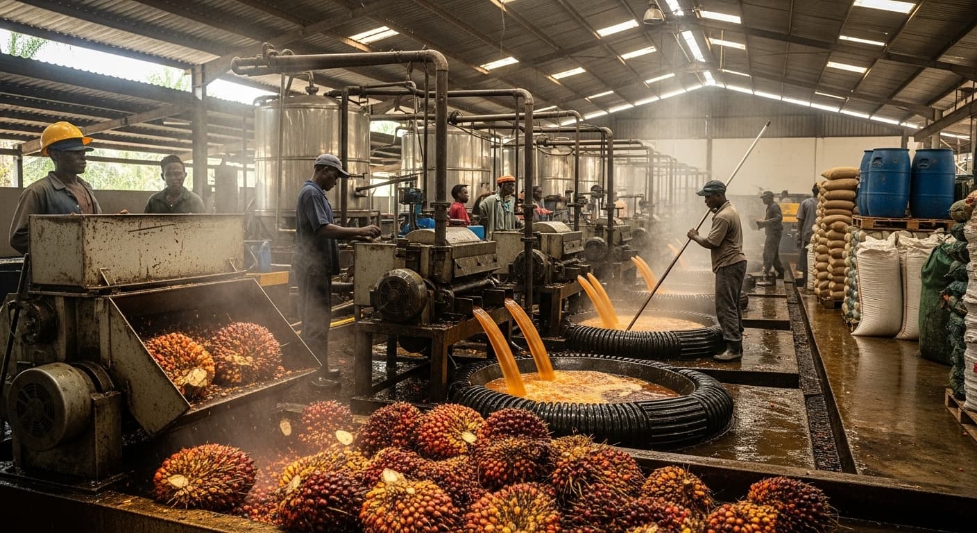 A crude palm oil production line (AI-generated image).