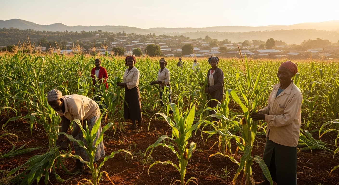 Agriculteurs travaillant dans un champ de maïs au Kenya (image générée par l'IA).