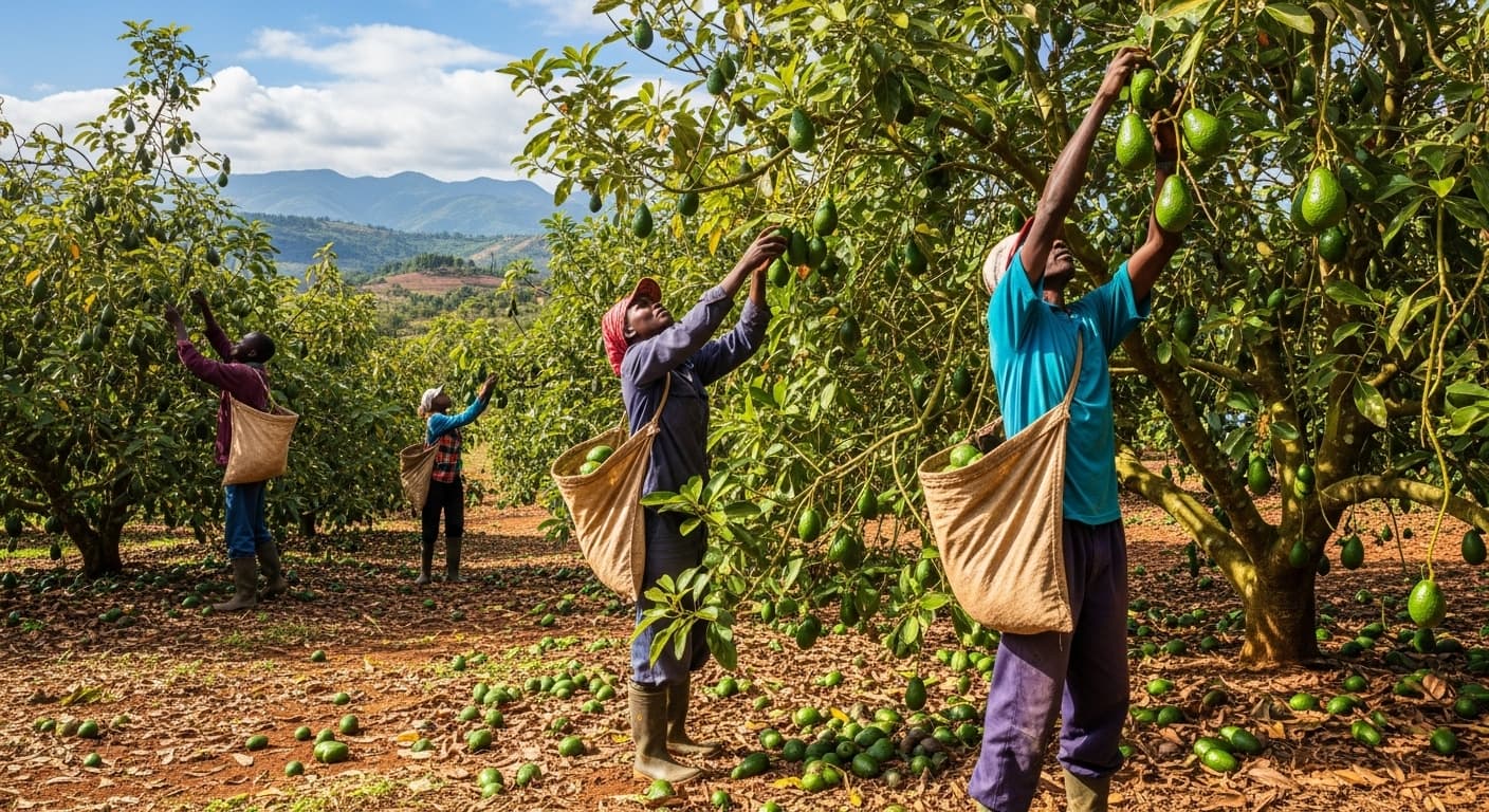 Farmers harvesting avocados in Kenya (AI-generated image).