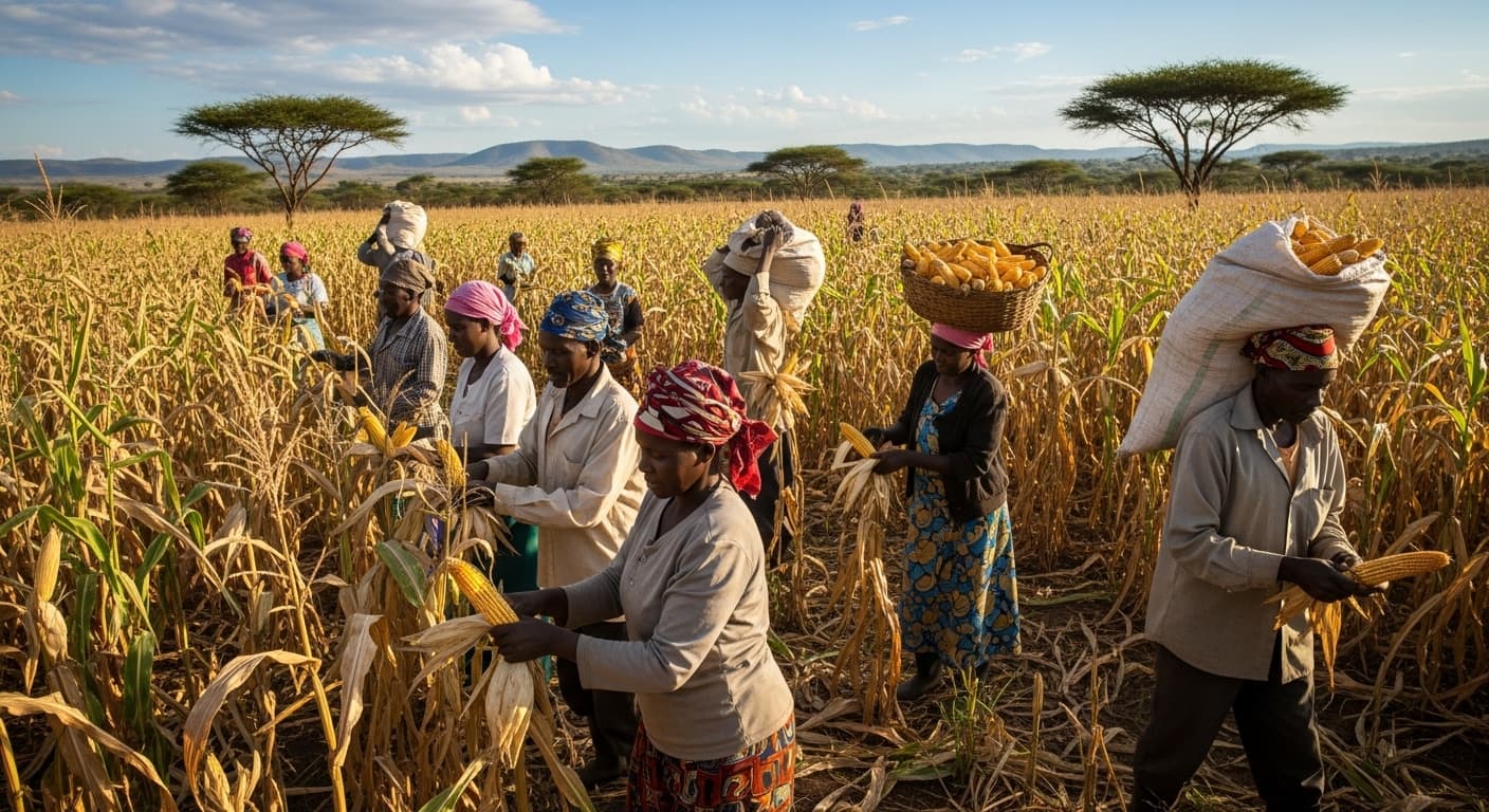 Farmers harvesting maize in Tanzania (AI-generated image).
