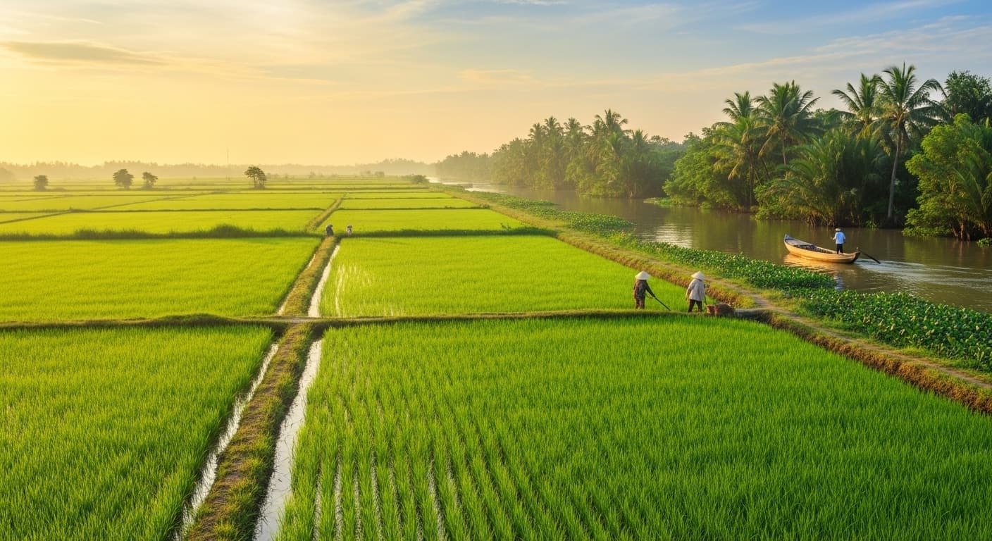 A rice field in the Mekong Delta, Vietnam. (AI-generated image.)