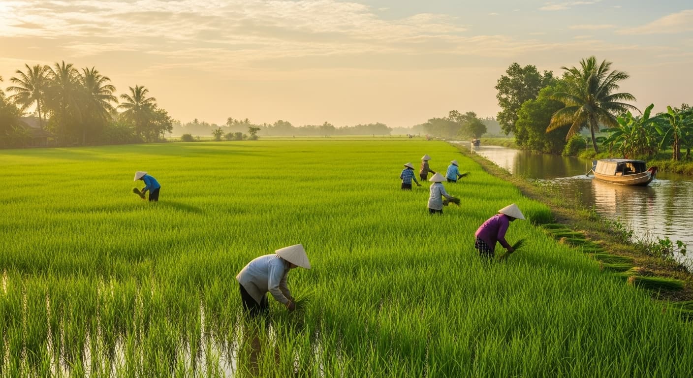 Um campo de arroz no delta do Mekong, Vietnã. (Imagem gerada por IA.)