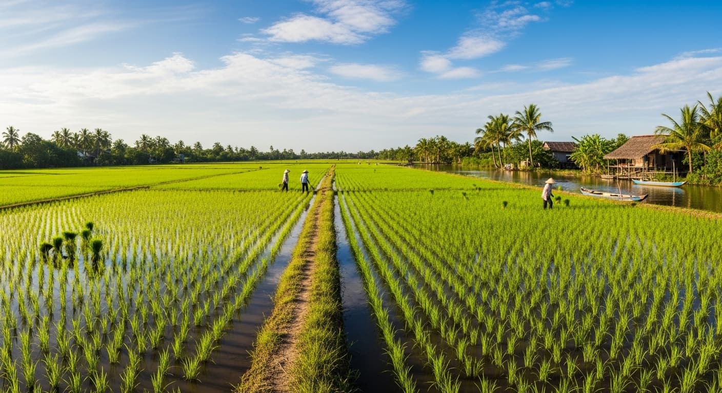 Un campo de arroz en el delta del Mekong, Vietnam. (Imagen generada por IA.)