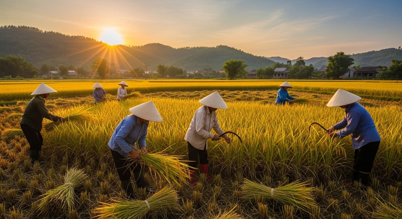 Farmers are harvesting rice in Vietnam. (AI-generated image.)