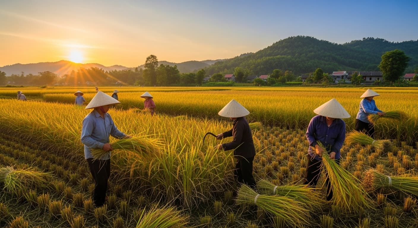 Os agricultores estão colhendo arroz no Vietnã. (Imagem gerada por IA.)