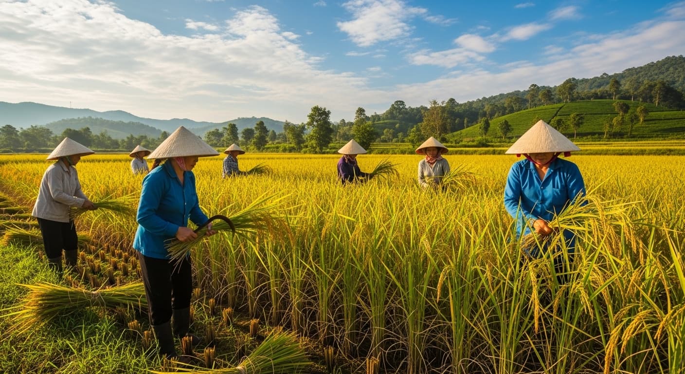 Los agricultores están cosechando arroz en Vietnam. (Imagen generada por IA.)
