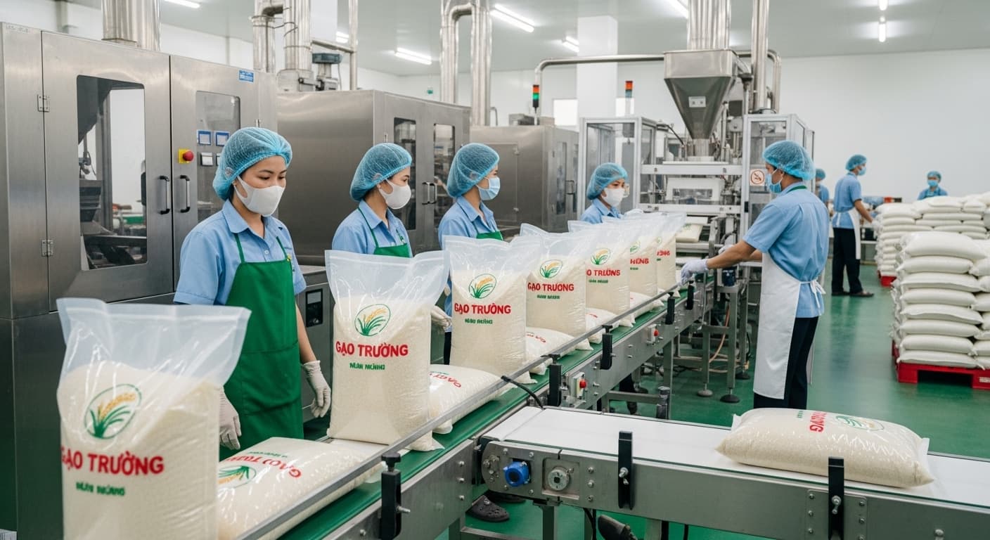 A rice packaging line in Vietnam. (AI-generated image.)