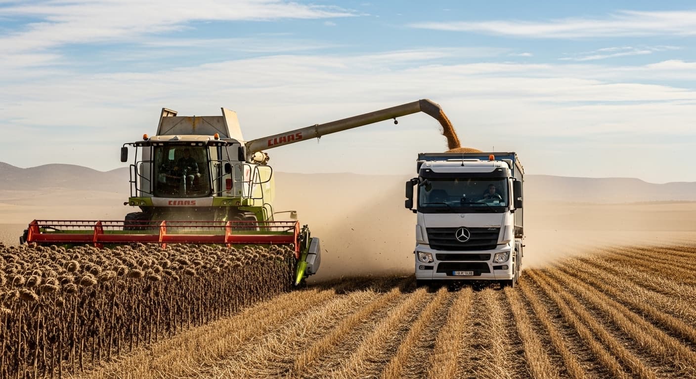 A sunflower harvester is harvesting dried, ripe sunflowers and filling the sunflower grains into a truck in Spain (AI-generated image).