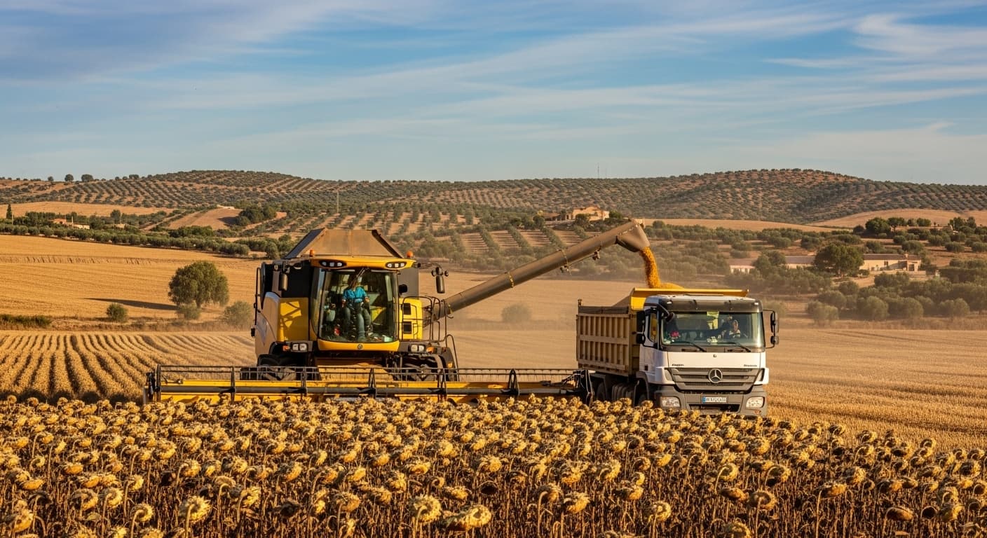 Une moissonneuse de tournesols récolte des tournesols secs et mûrs et remplit les graines de tournesol dans un camion en Espagne (image générée par IA).