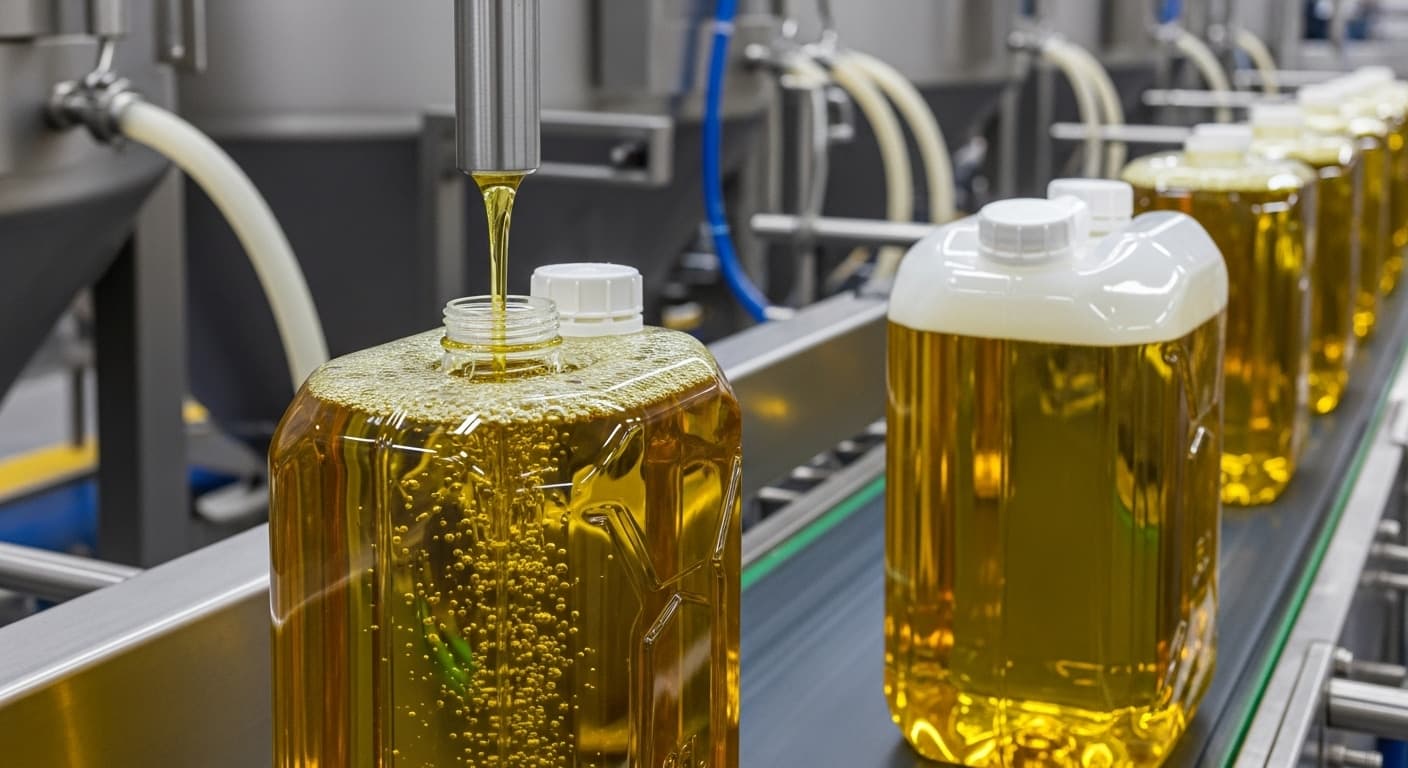 Sunflower oil filling a 25 L jerrican on a bottling line (AI-generated image).