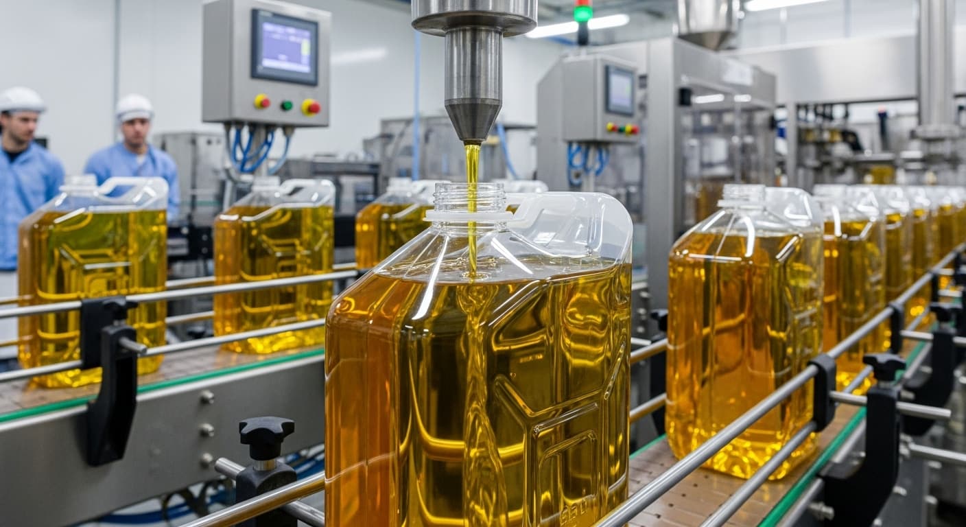 Huile de tournesol remplissant un jerrican de 25 L sur une ligne d’embouteillage (image générée par IA).