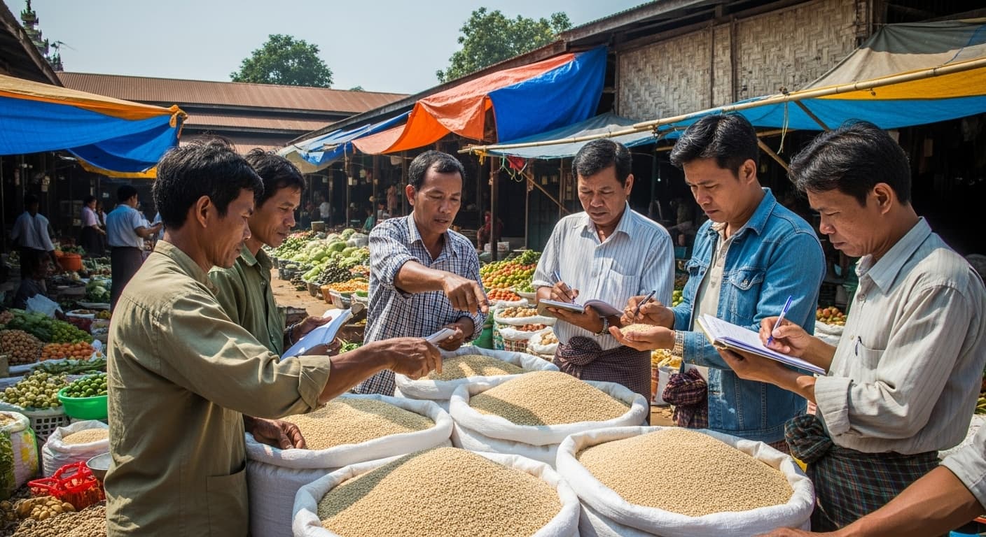 Scène de marché montrant des commerçants et des agriculteurs négociant l'achat de sésame au Myanmar (image générée par IA).