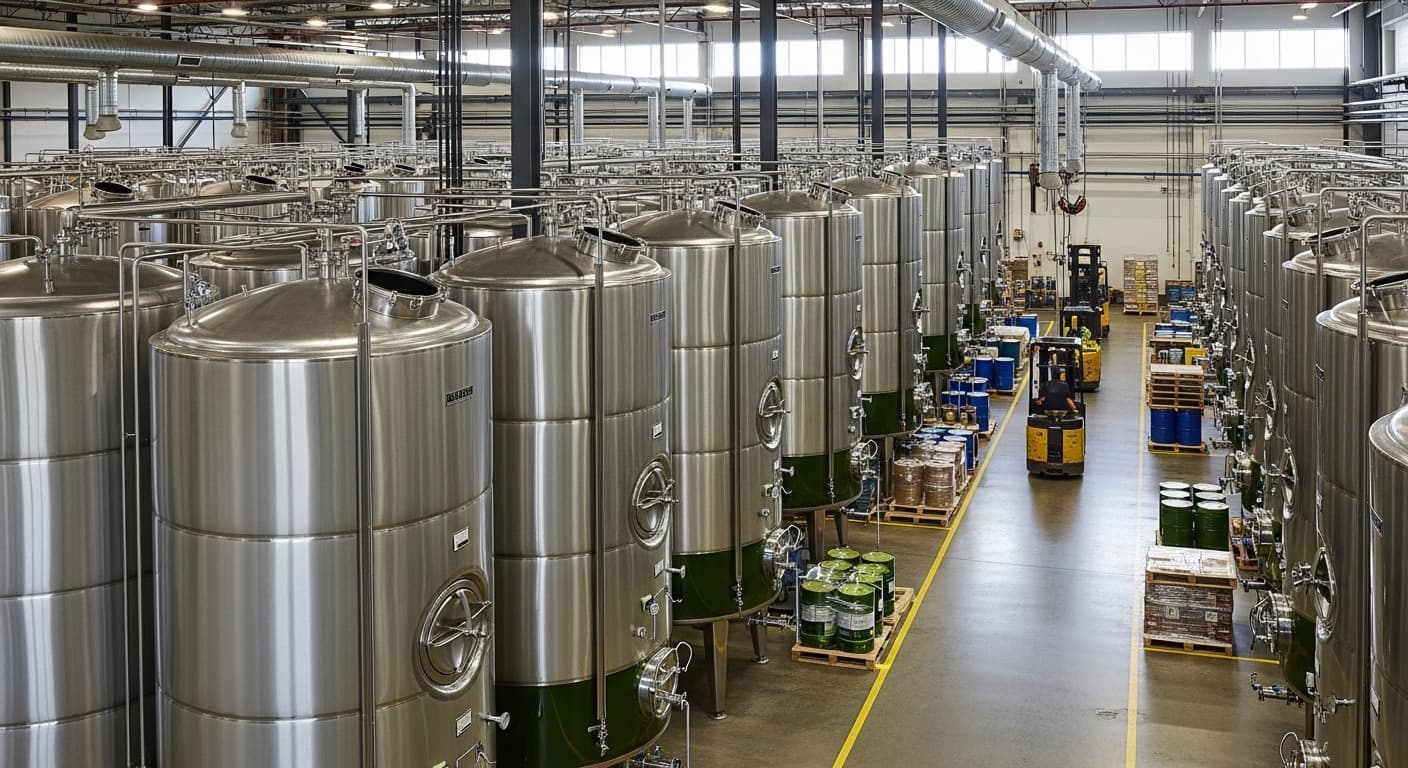 A warehouse storing crude avocado oil in tanks (AI-generated image).