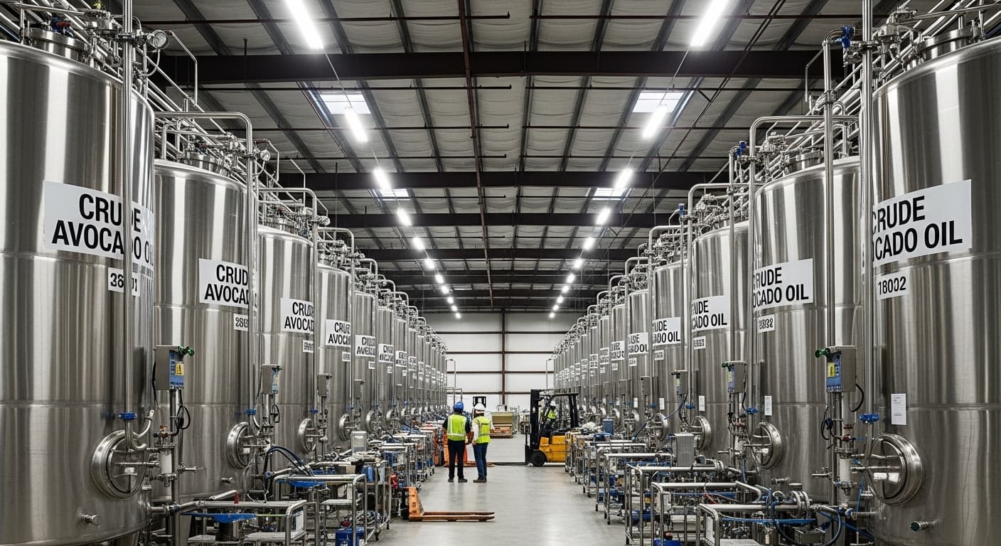 Un entrepôt stockant de l’huile d’avocat brute dans des réservoirs (image générée par IA).