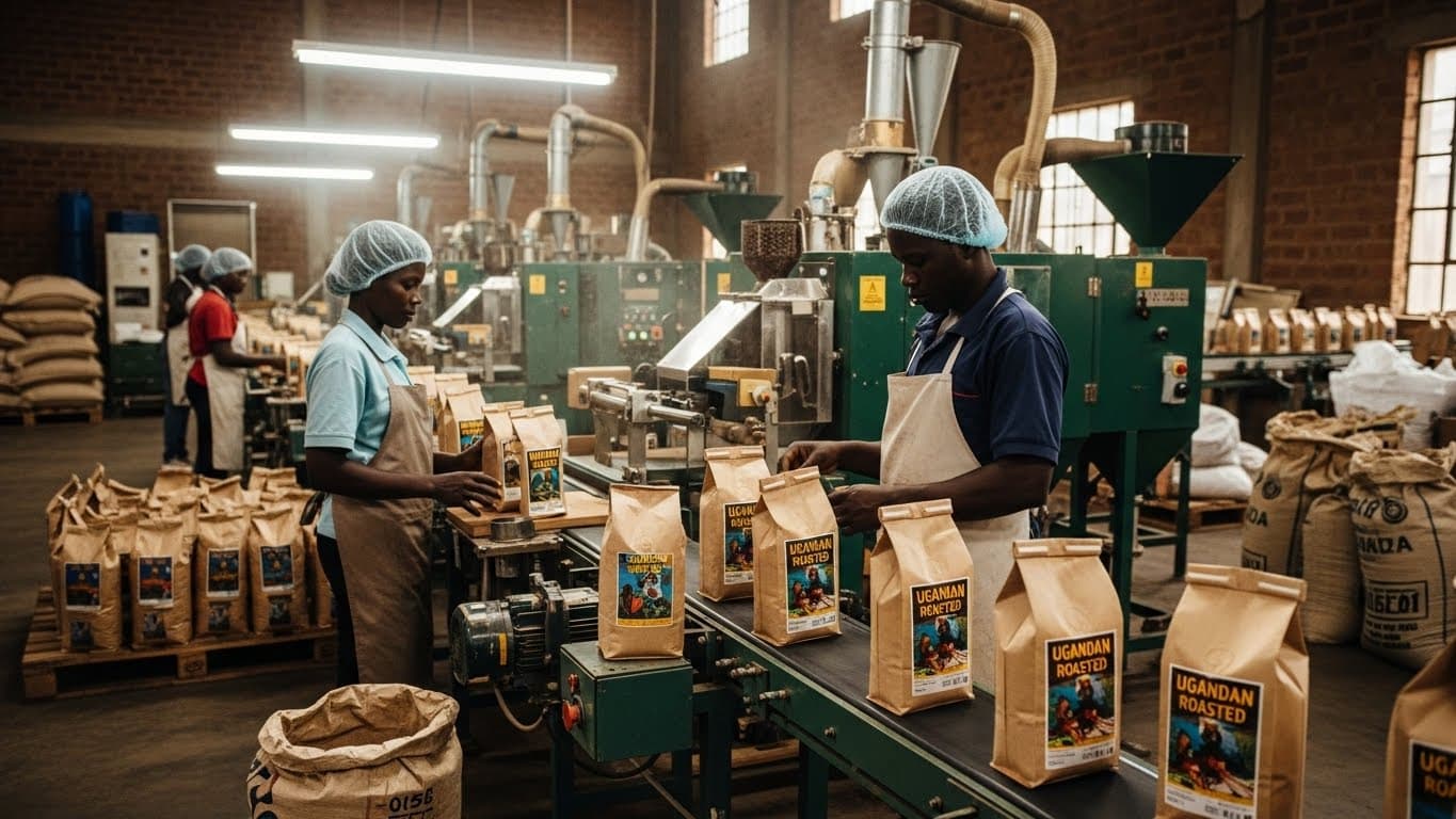 Linea di confezionamento del caffè tostato in Uganda (immagine generata dall'IA)