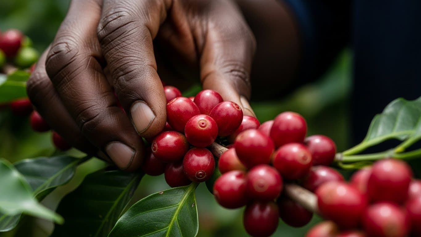 Gros plan de cerises de café rouges sur une branche en Ouganda, la main d’un agriculteur qui les inspecte. (Image générée par IA)