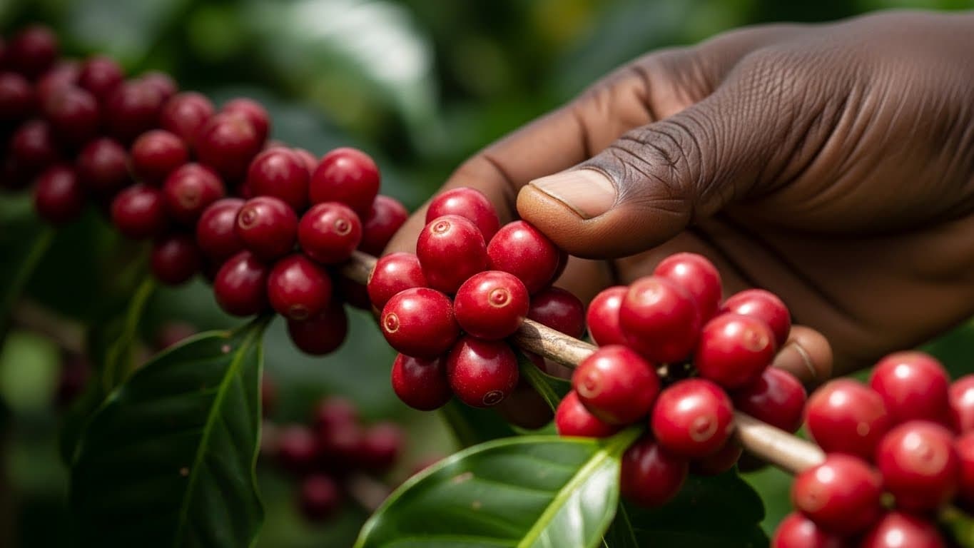 لقطة مقربة لثمار البن الحمراء على غصن في أوغندا، ويد مزارع تقوم بتفقدها. (صورة مُنشأة بواسطة الذكاء الاصطناعي)