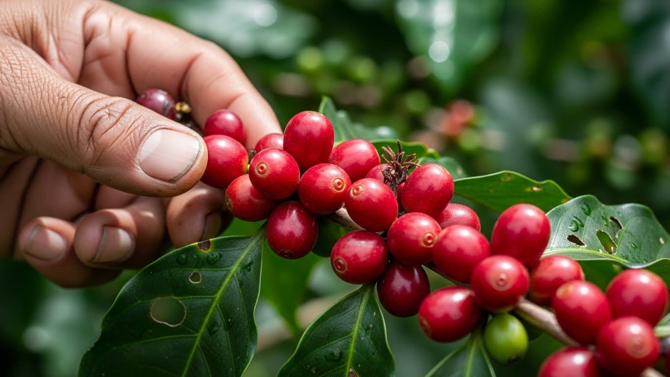 युगांडा में एक शाखा पर लाल कॉफी चेरीज़ का क्लोज़-अप, जिसमें एक किसान का हाथ उन्हें जाँच रहा है। (AI-जनित छवि)