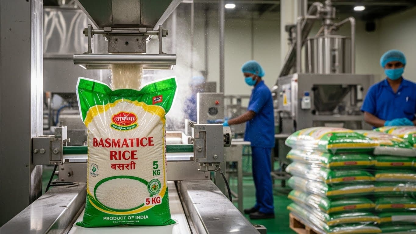 El arroz basmati se está envasando en una bolsa de 5 kg en una planta de procesamiento en India (imagen generada por IA).