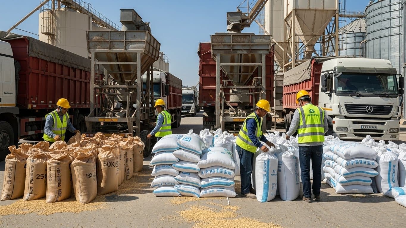 25kgおよび50kgのジュート／PP袋を検品する作業員と、バルク大豆を積載したトラックが並ぶ工業用集積ヤードの様子（AI生成画像）