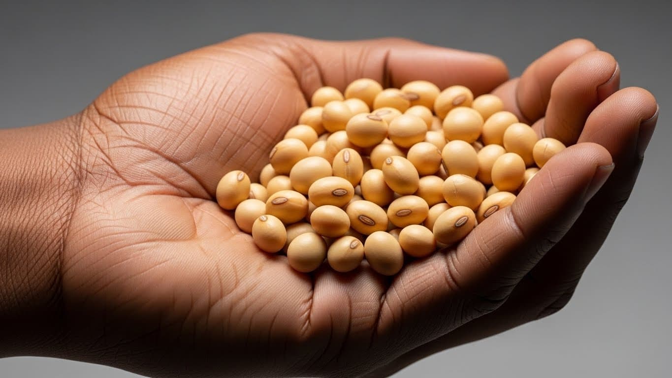 A Nigerian hand holding a handful of cleaned soybeans (AI-generated image)
