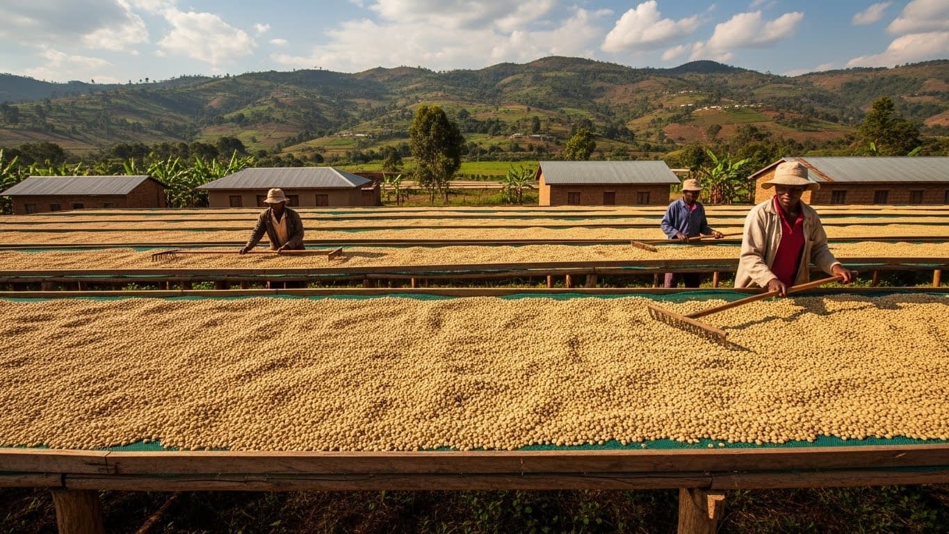 Grains de café séchant sur des lits surélevés en Tanzanie. (Image générée par IA)