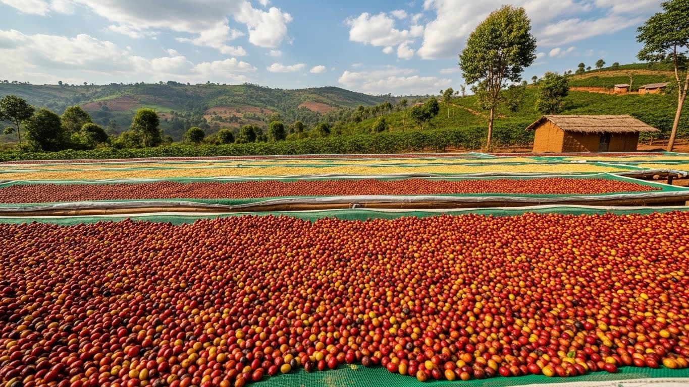 حبوب القهوة تُجفف على أسرّة مرتفعة في تنزانيا. (صورة مُنشأة بواسطة الذكاء الاصطناعي)