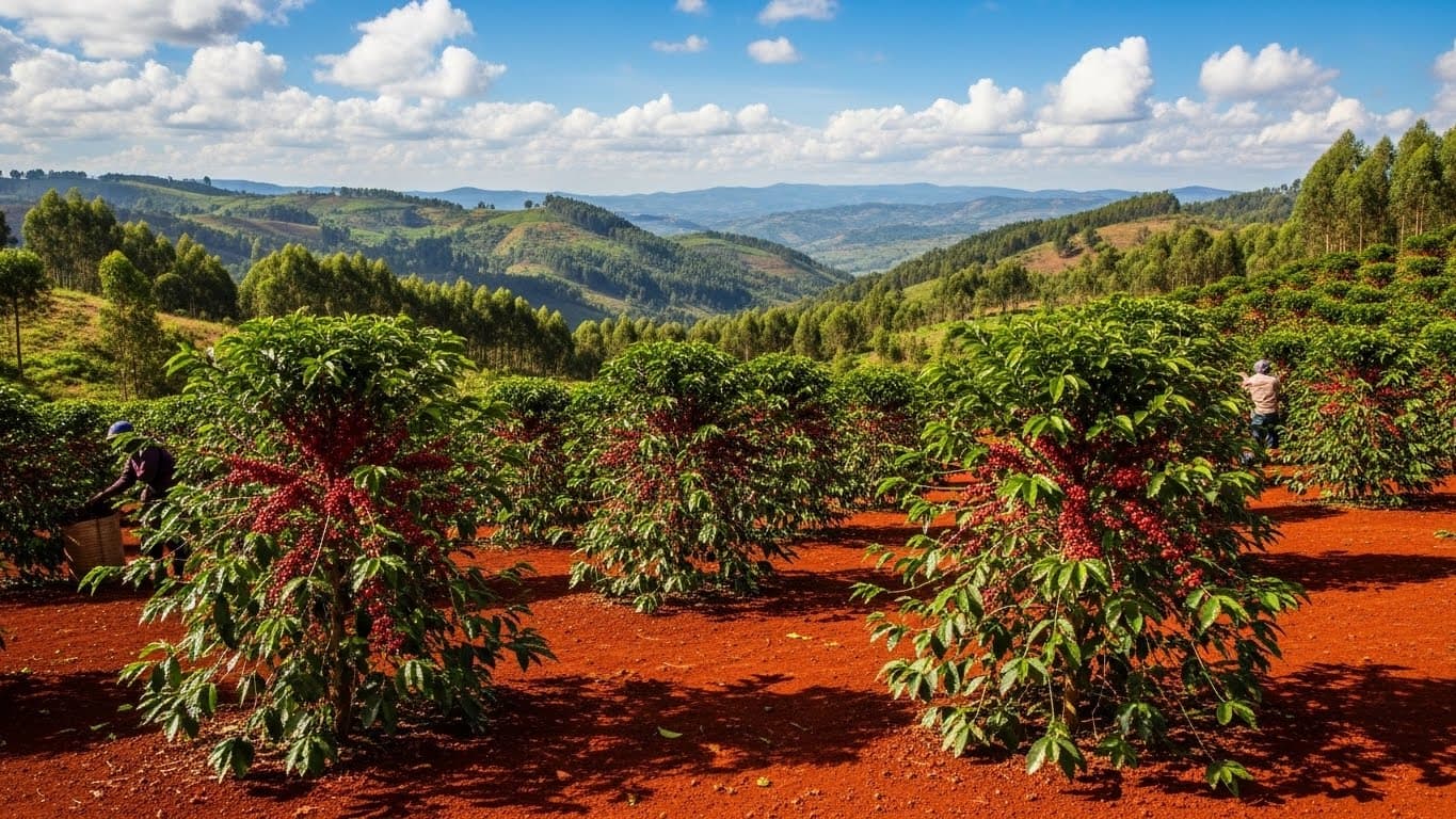 केन्या में पारंपरिक कॉफी फार्म, जिस पर अरबिका के पेड़ों पर कॉफी चेरी और लाल मिट्टी दिख रही हैं। (AI-जनित छवि)