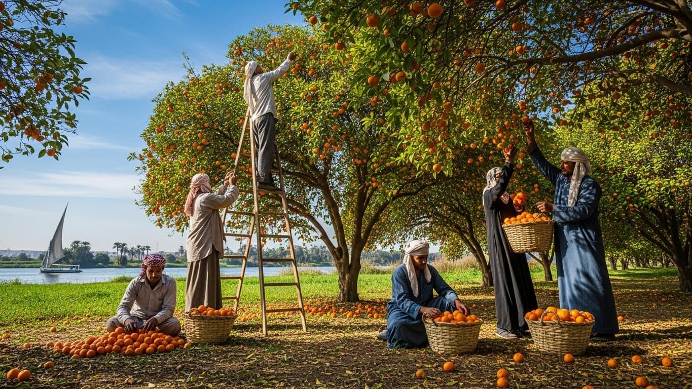 Agricultores egípcios colhendo tangerinas (imagem gerada por IA).