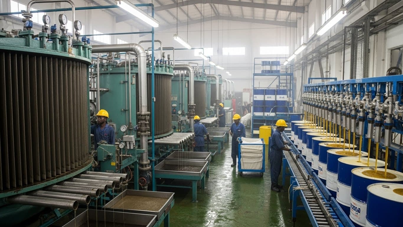 나이지리아에 있는 한 원료 대두유 공장 내부의 여과 단계와 드럼 충전 구역. (AI 생성 이미지)