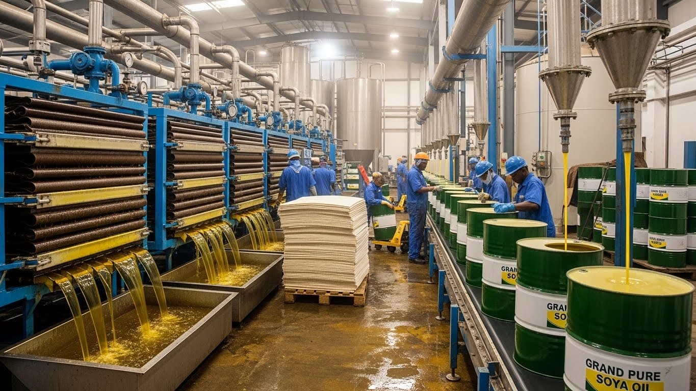 ナイジェリアの粗大豆油製油所内のろ過工程とドラム詰めエリア。（AI生成画像）